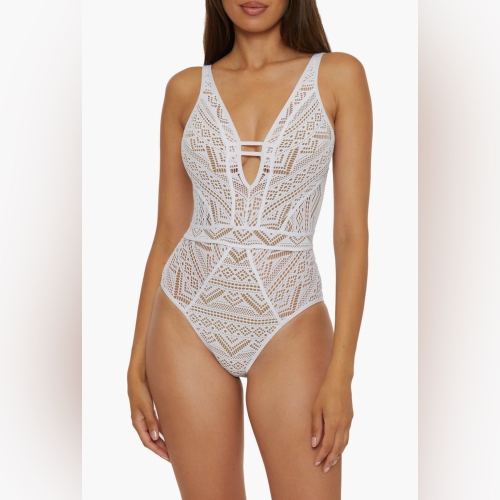 BECCA by Rebecca Virtue Color Play Plunge Crochet One Piece Swimsuit in White